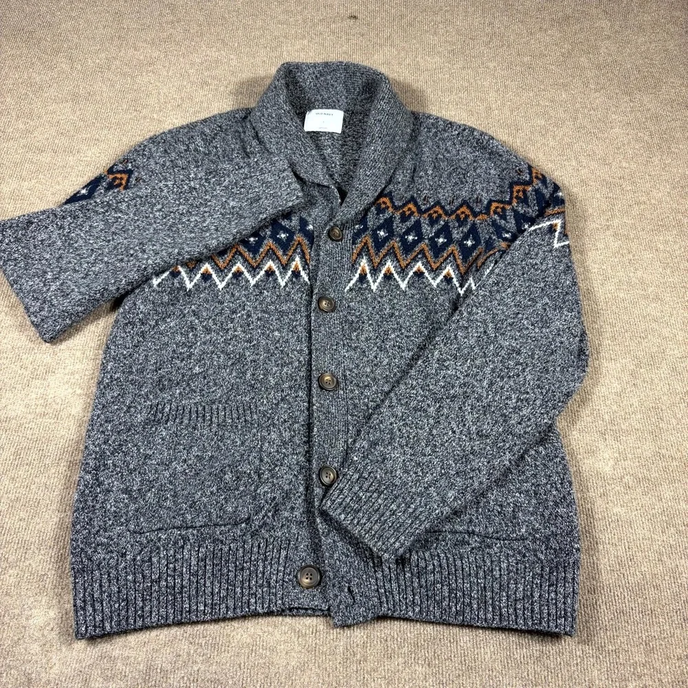 Old Navy Cardigan Sweater Mens Large Gray Fair Isle Shawl Collar Button Front